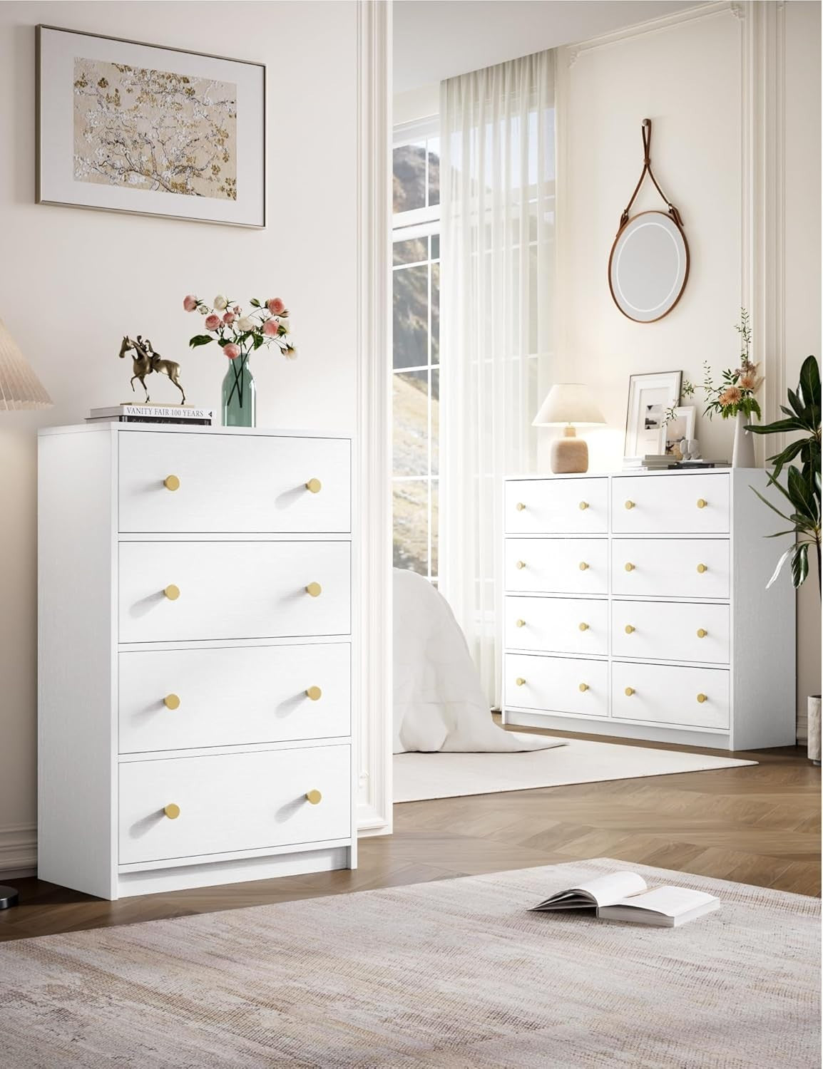 8 Drawer Chest White Fabric Storage Dresser Gold Handles Bedroom Unit
