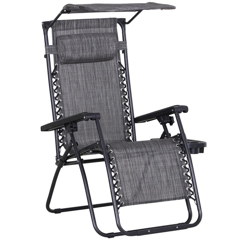 Zero Gravity Recliner Folding Garden Chair w/ Shade Cup Holder Grey