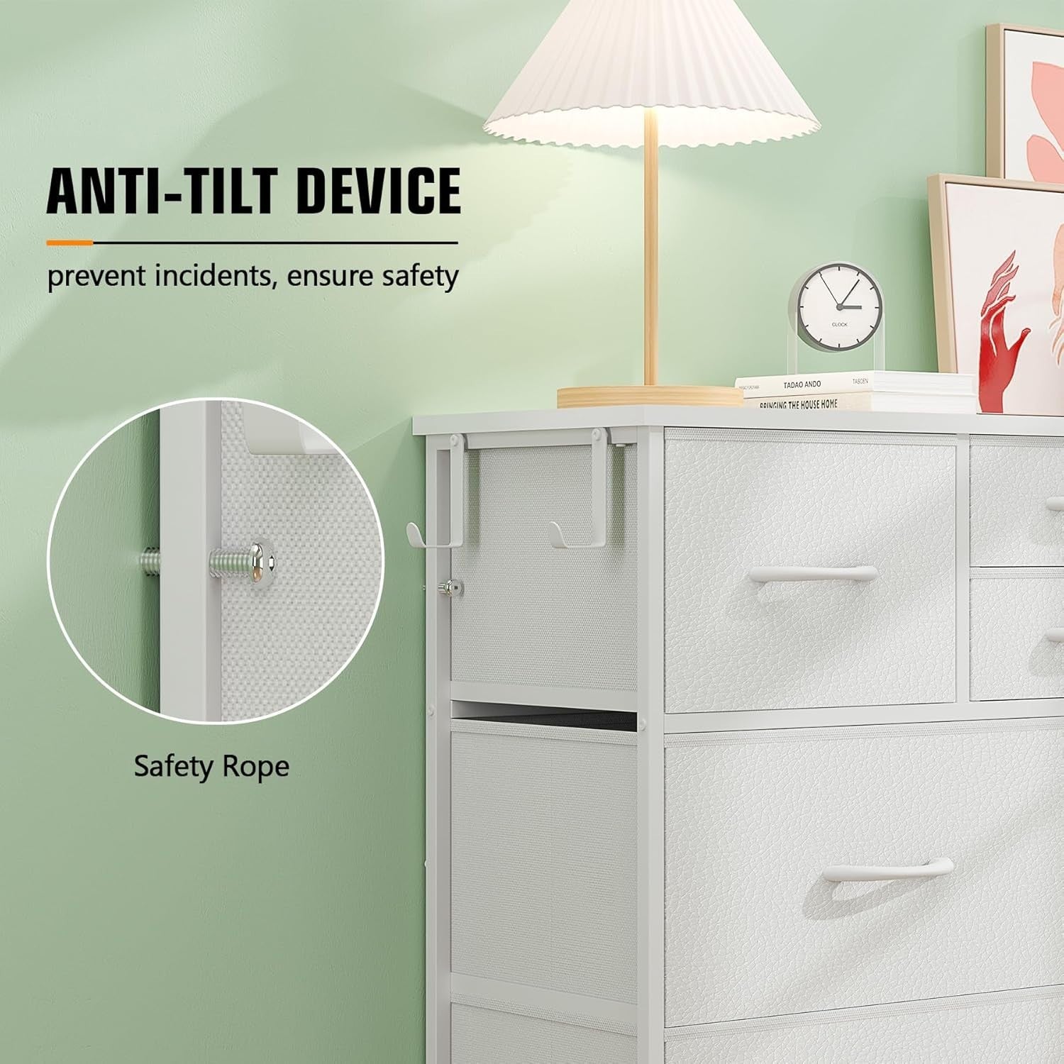 White 10-Drawer Tall Chest Fabric Drawers with Side Hooks & Storage Pockets
