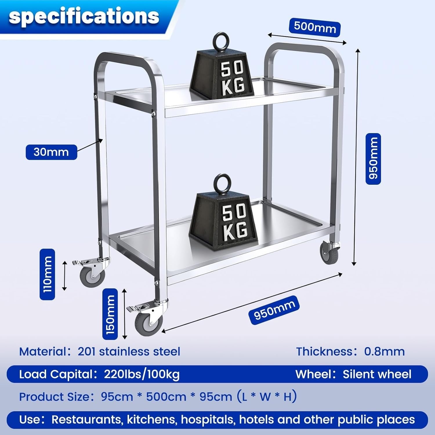 Stainless Steel 2 Tier Kitchen Trolley 95cm Heavy Duty Cart