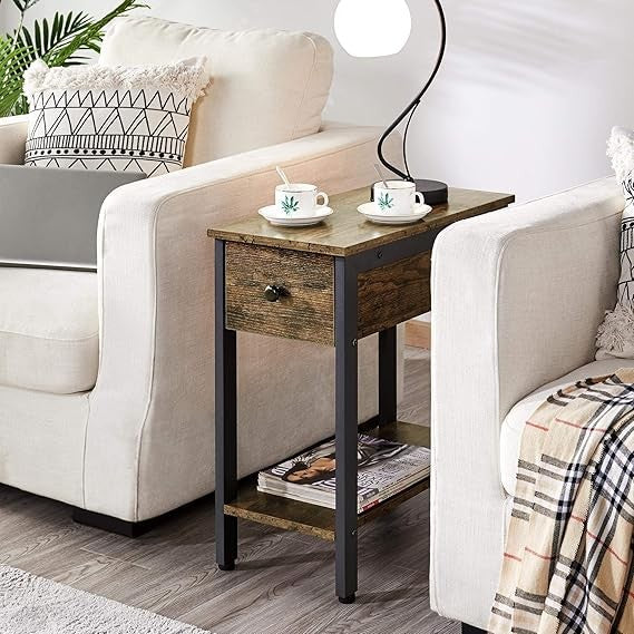 Industrial Narrow Bedside Table with Drawer & Shelf Rustic Brown 60x30x61cm