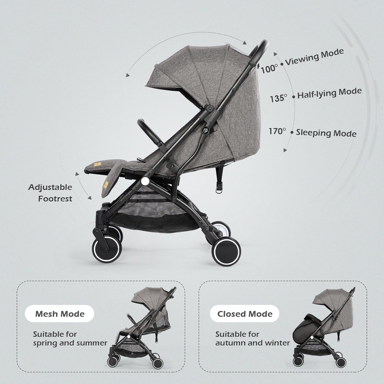 Lightweight Travel Pushchair Buggy One-Hand Fold Newborn–3Y 15kg Dark Grey