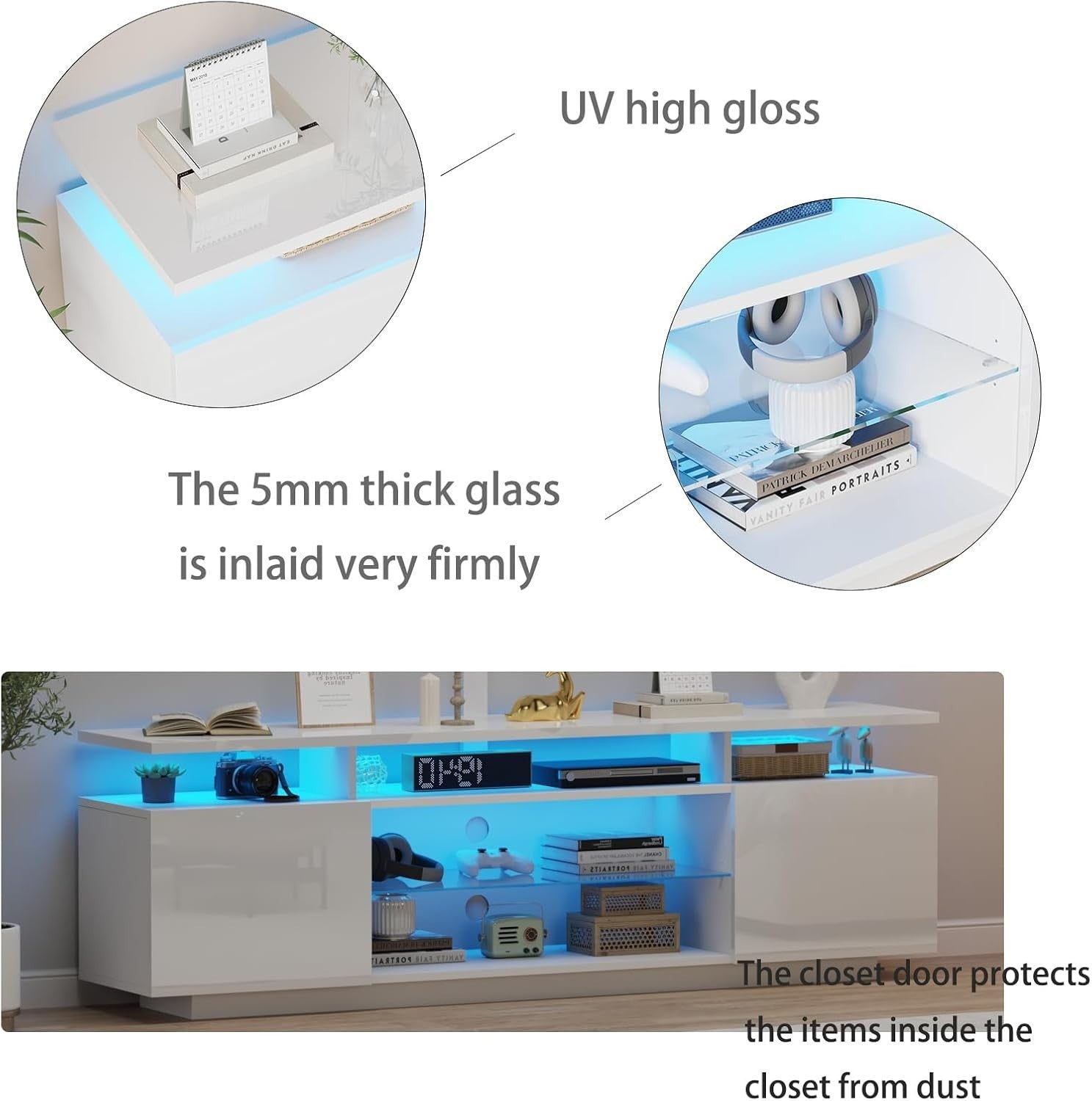 Adjustable 160cm TV Cabinet Stand with RGB LED, Storage for TVs up to 70"