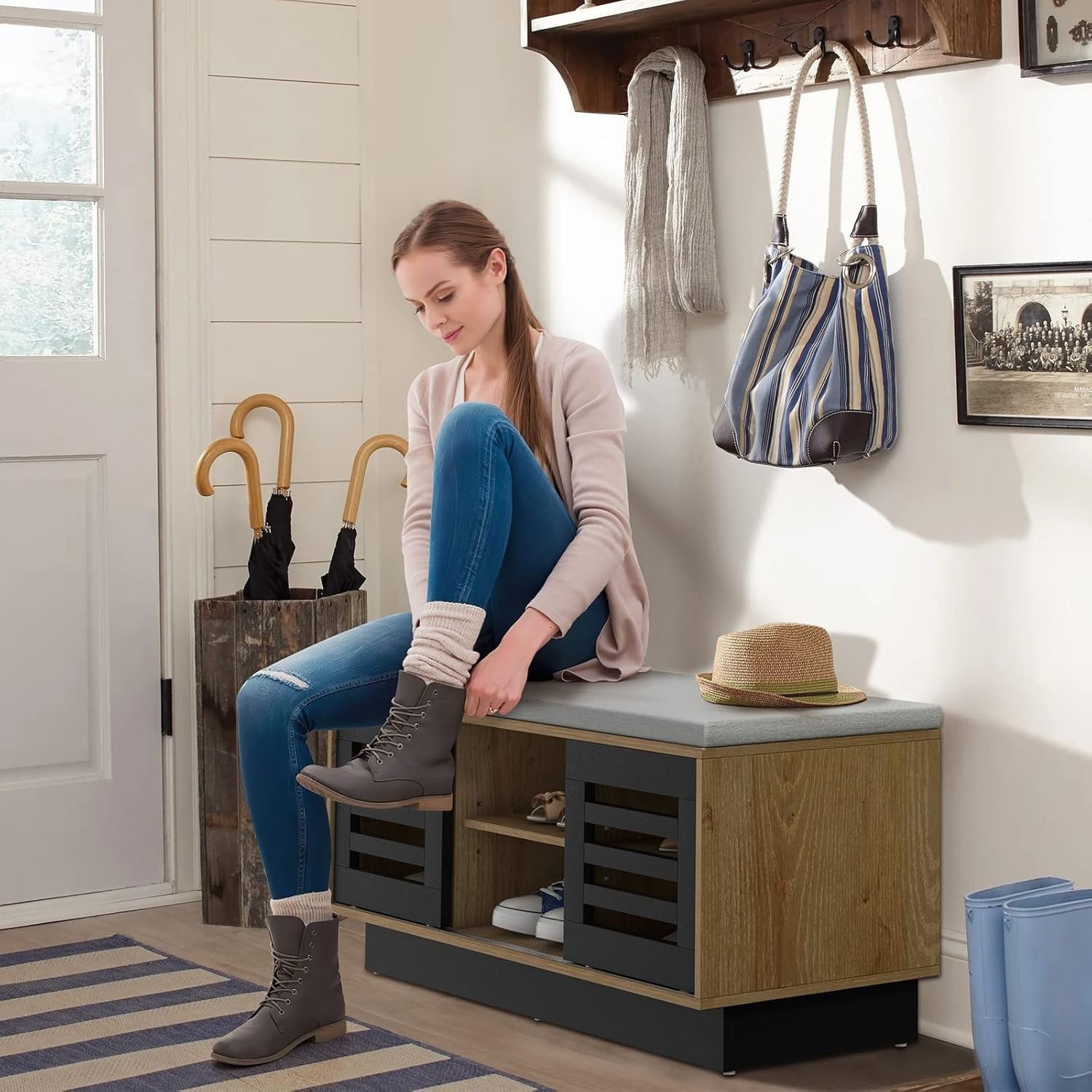 2-Tier Shoe Storage Bench with Cushion, 6 Compartments & Sliding Doors