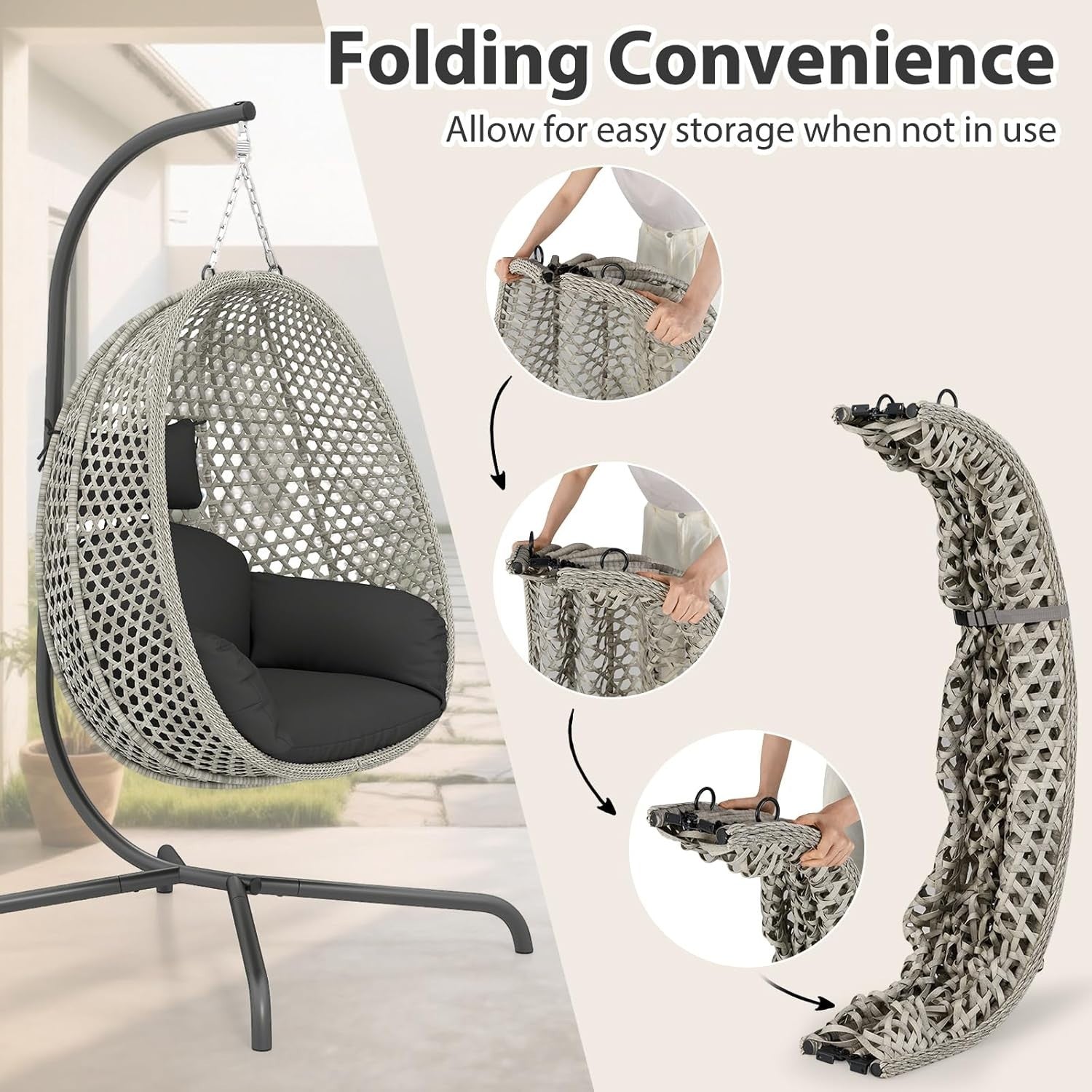 Rattan Hanging Egg Chair with Soft Thick Cushion & Head Pillow for Garden Patio