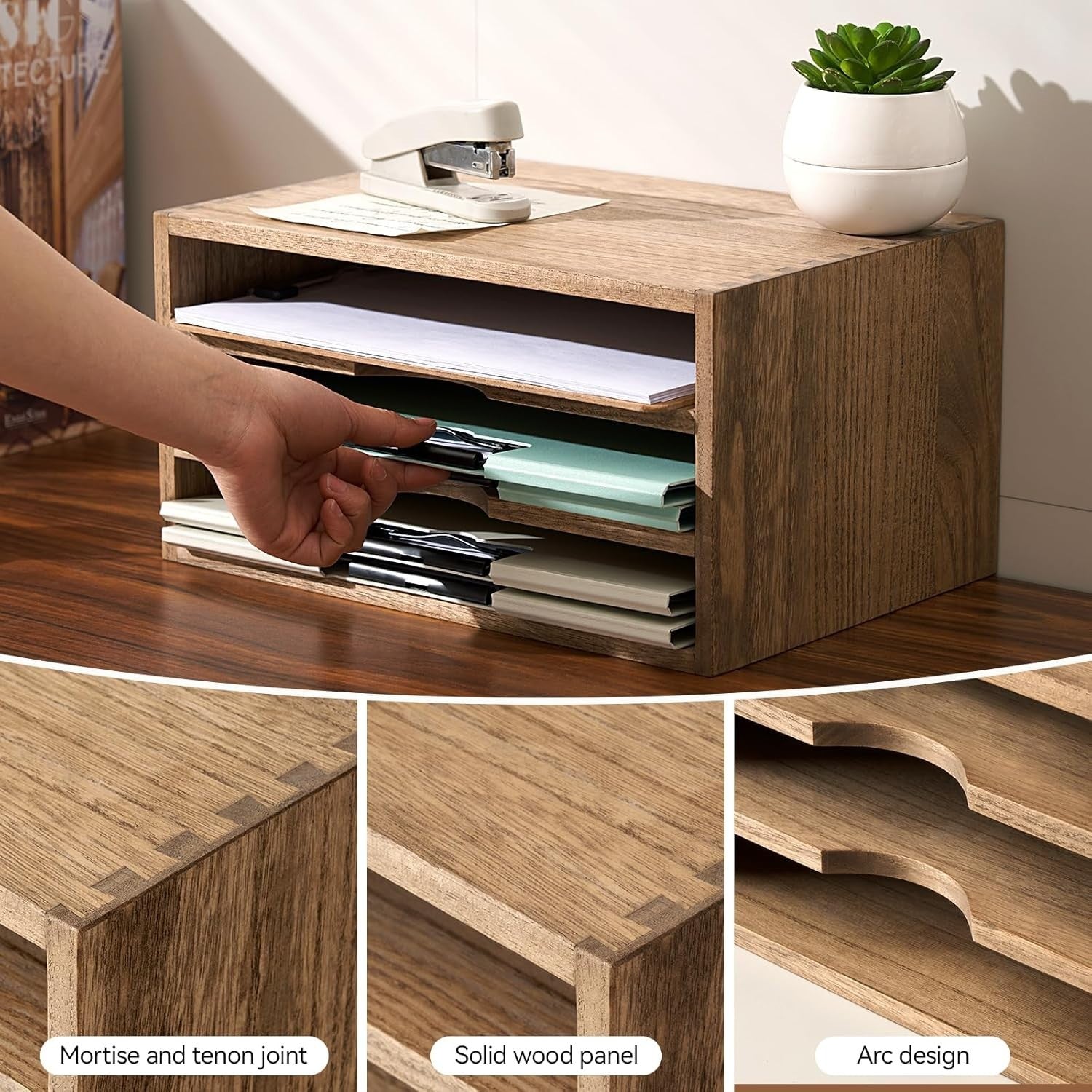 Wooden Desk Organizer 3 Compartment Tray Desktop Storage Holder Dark Brown