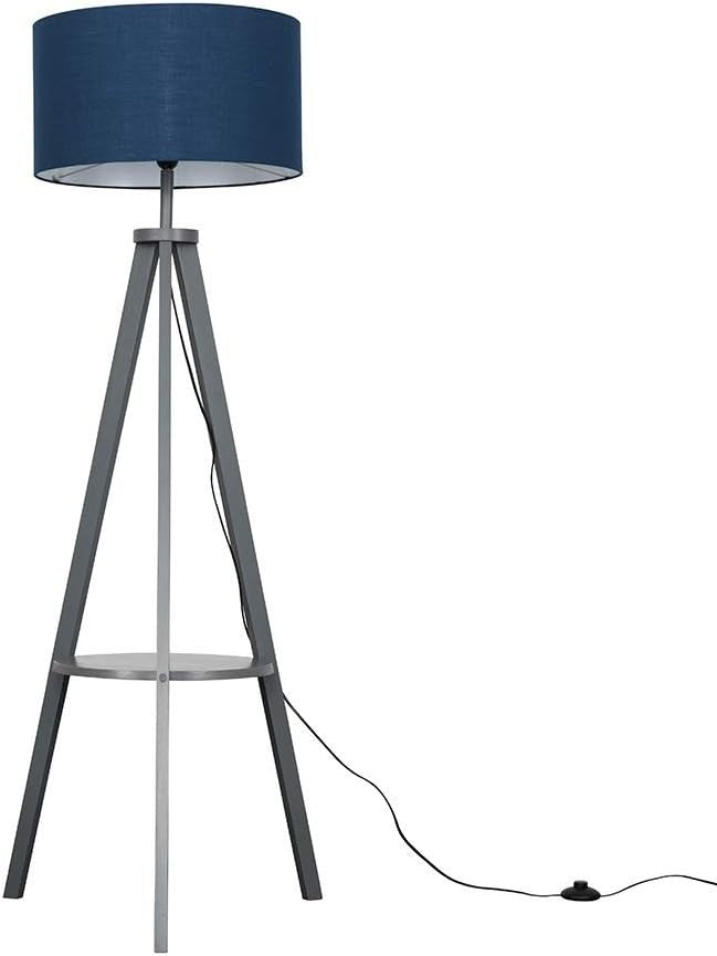 Modern Grey Wood Floor Lamp with Shelf & Navy Drum Shade | 140cm + LED