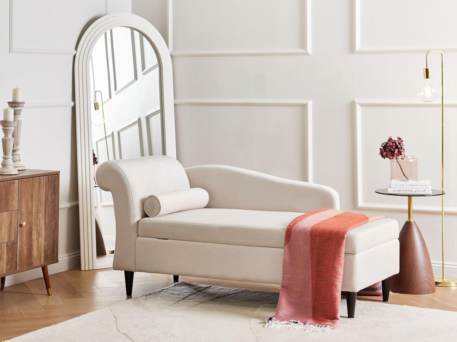 Left Hand Velvet Chaise Lounge with Storage Beige Upholstery for Living Room