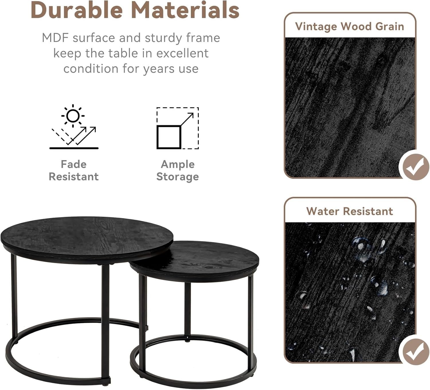 Round Nesting Coffee Tables Set of 2, Storage Shelf, Metal Frame, Modern