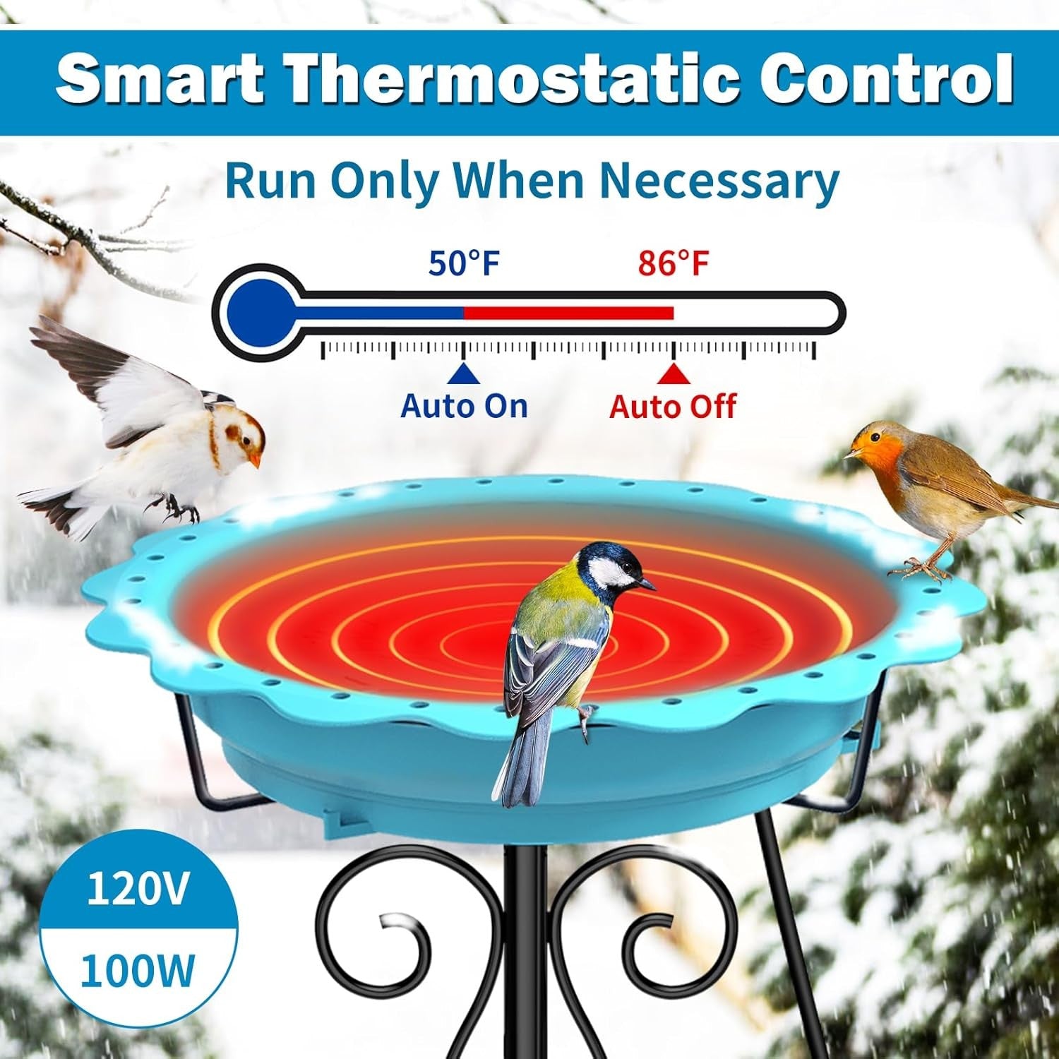 Heated Bird Bath Blue Outdoor Water Feeder 100W Thermostat Metal Stand Winter