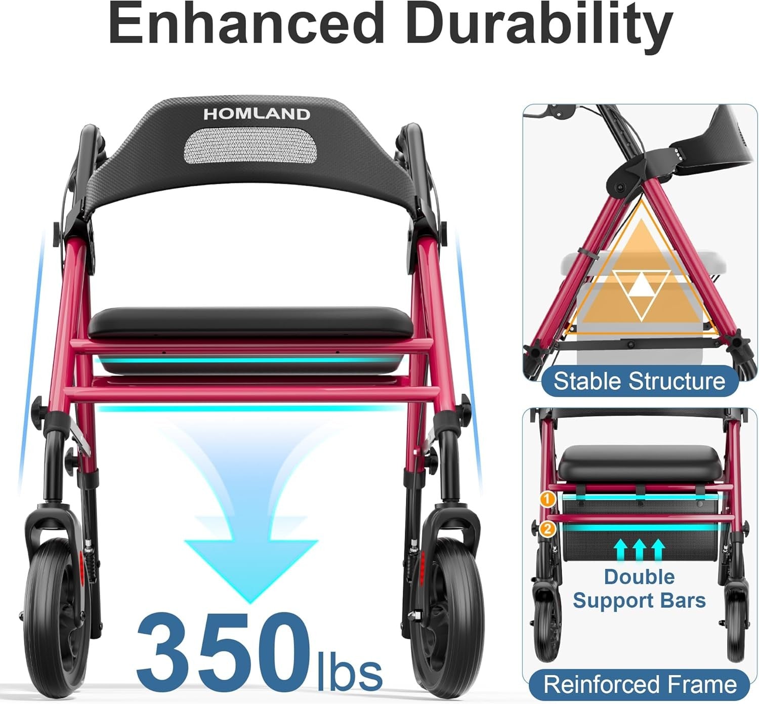 4 Wheel Rollator Walker with Seat Big Wheels Folding Adjustable Handles