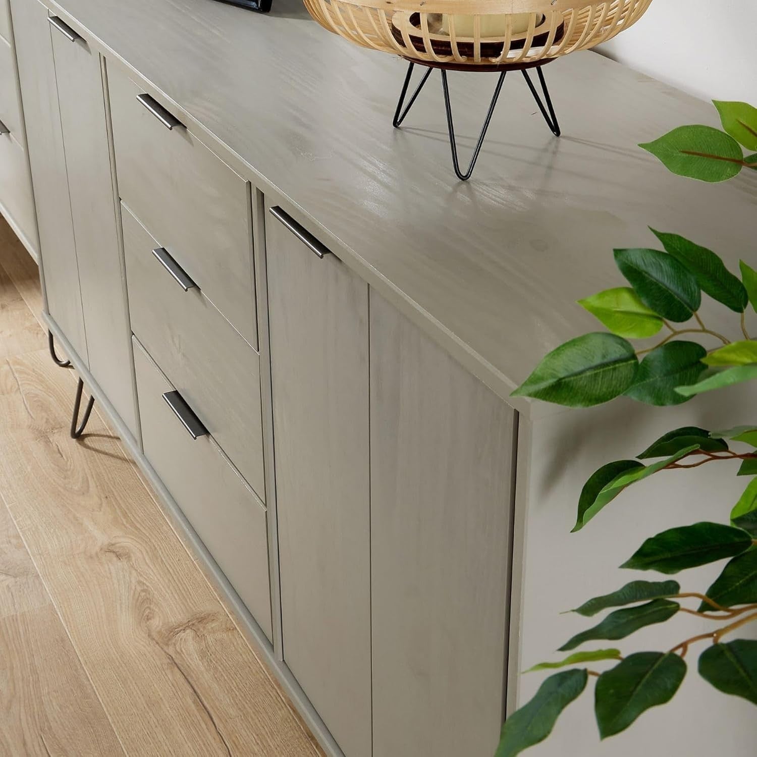 Grey Sideboard Cabinet 3 Drawers 2 Doors Metal Legs Modern Storage Unit