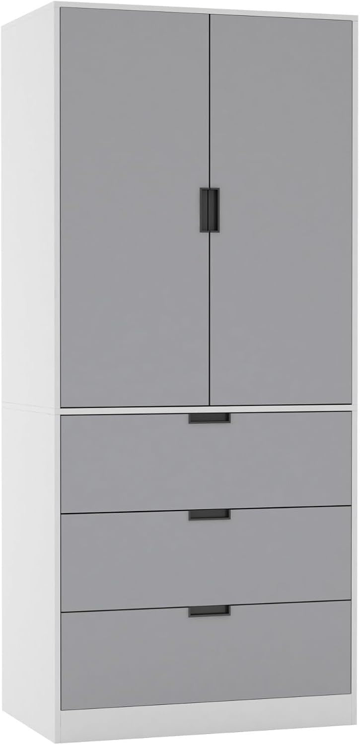 Tall Grey Wardrobe 2 Door 3 Drawer Modern Storage | Hanging Rail Unit