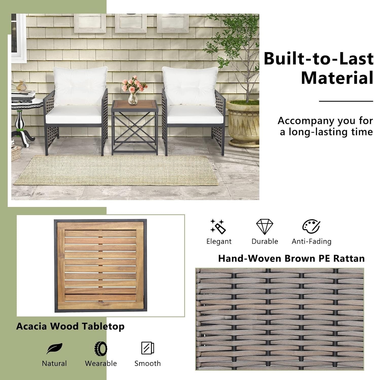 Patio Rattan Bistro Seating Set Acacia Wood Table Deep Cushions Balcony