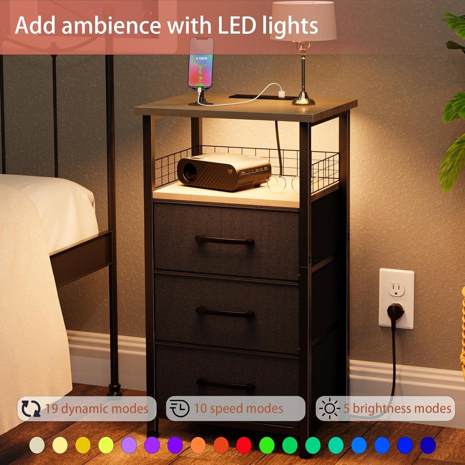 Modern LED Bedside Tables with 3 Drawers & USB Charging – Set of 2, Grey