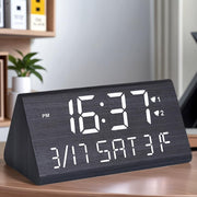 Wooden Digital Alarm Clock LED Large Display USB Charger Loud Snooze