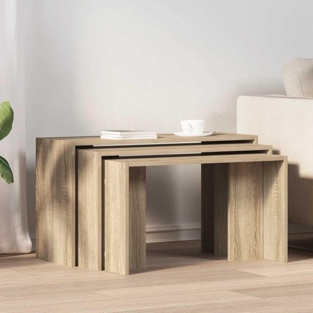 Modern Sonoma Oak End Table Set Nesting Side Coffee Tables Living Room
