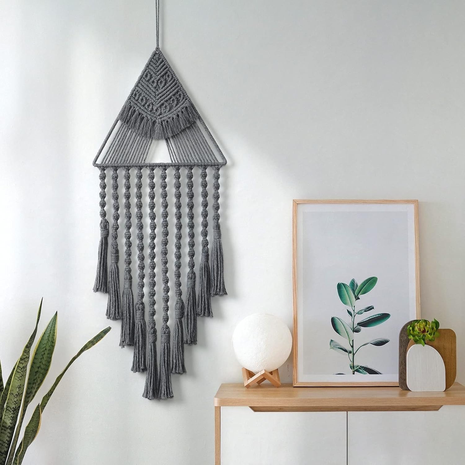 Grey Boho Triangle Macrame Wall Hanging 27" Cotton Tassel