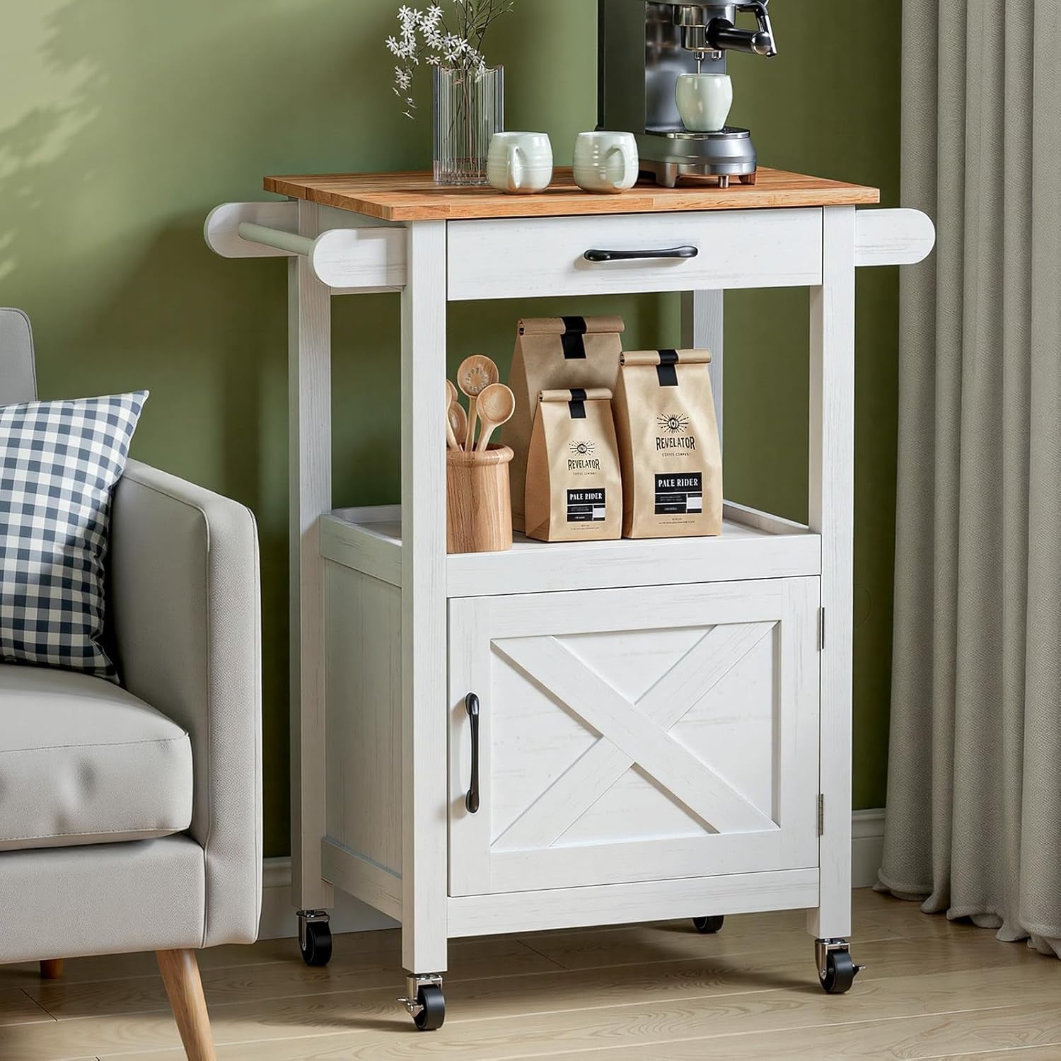 Kitchen Island Trolley on Wheels Storage Cabinet with Drawer Towel Rail