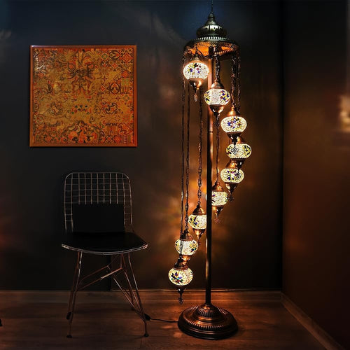 Turkish Mosaic Floor Lamp 9 Globe Standing Light Yellow 70in Boho Decor
