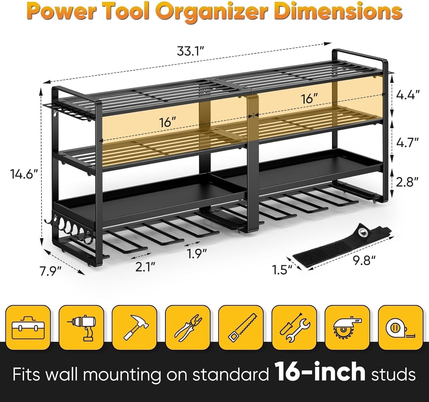 Black 4-Tier Alloy Steel Tool Wall Rack 8 Drill Holder Garage Organizer