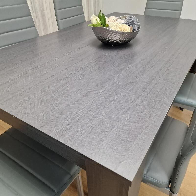 Dark Grey Dining Table Set with 6 Faux Leather Chairs Modern Kitchen