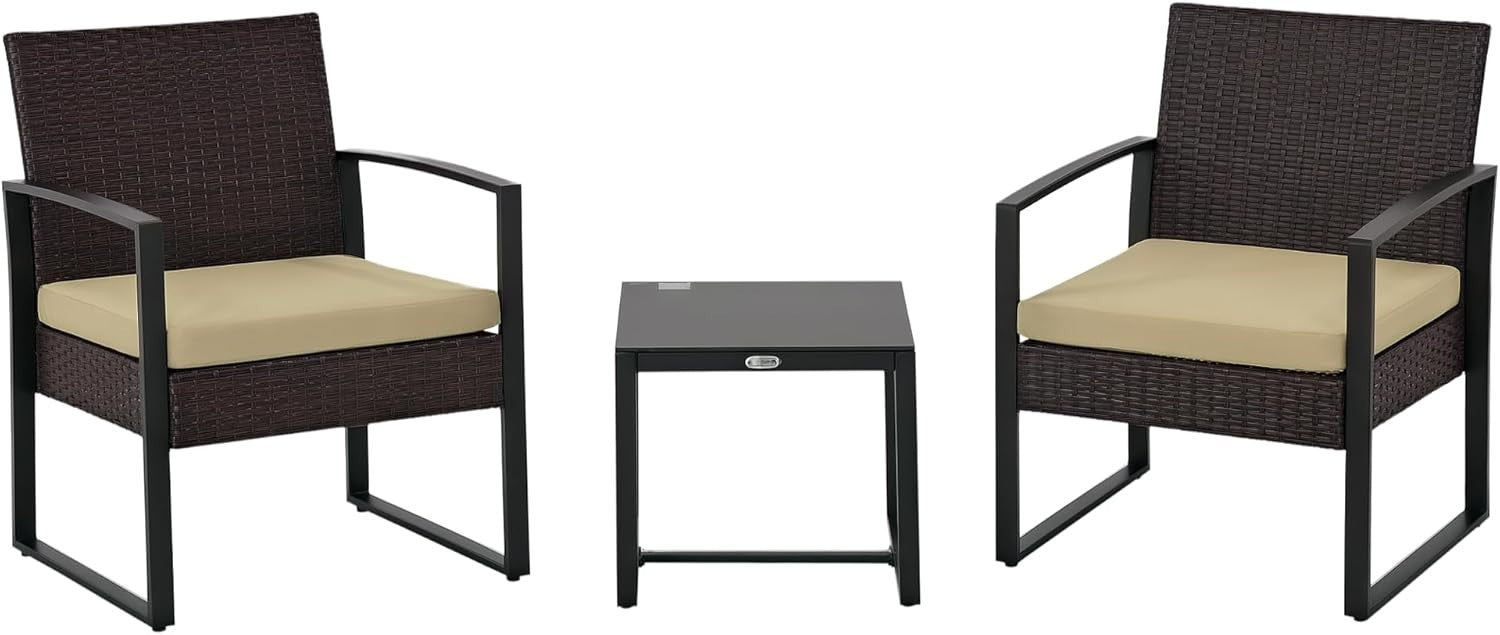 Outdoor Rattan Bistro Set 3 Piece Garden Chairs Table Cushioned Patio
