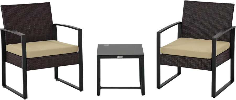 Outdoor Rattan Bistro Set 3 Piece Garden Chairs Table Cushioned Patio