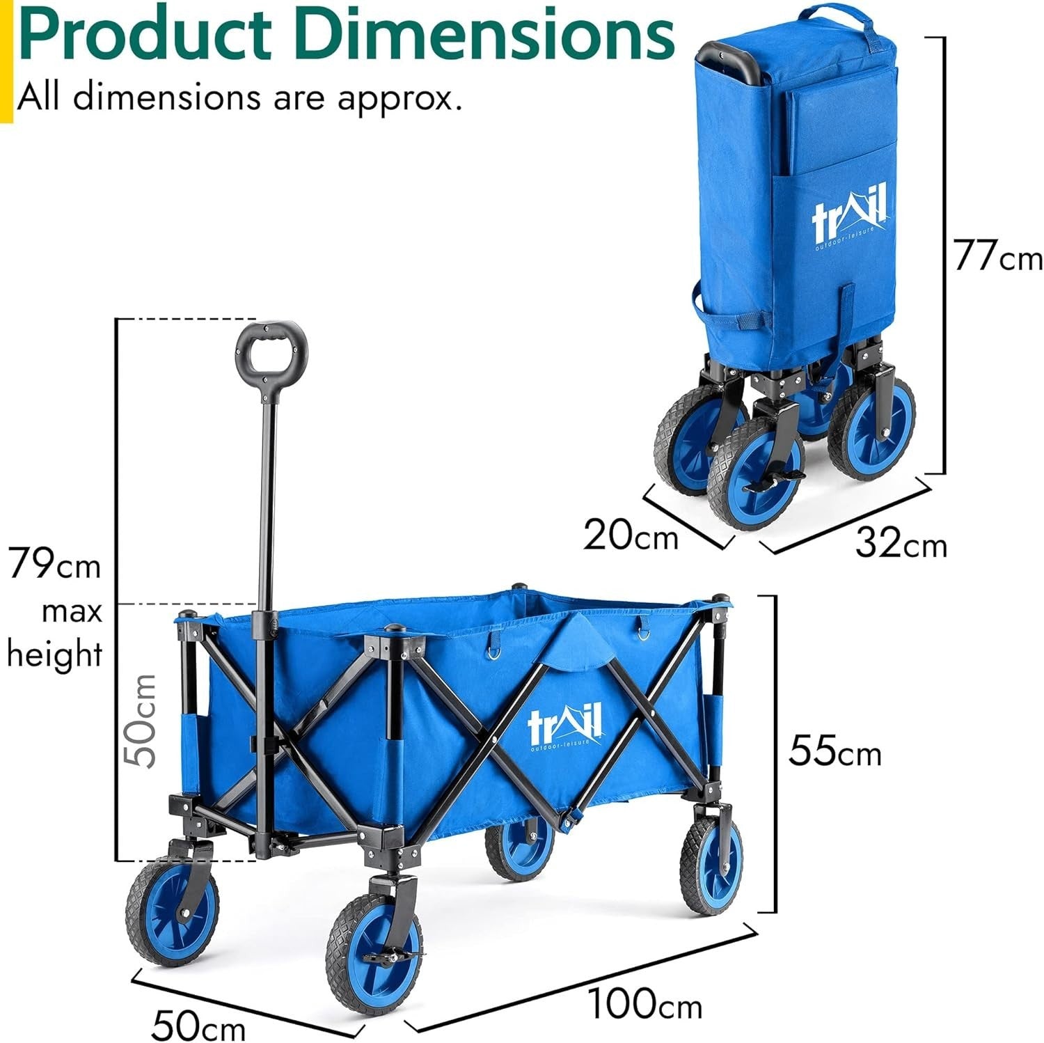 Heavy Duty Folding Camping Trolley 80kg Wagon Cart Big Wheels Adjustable Handle
