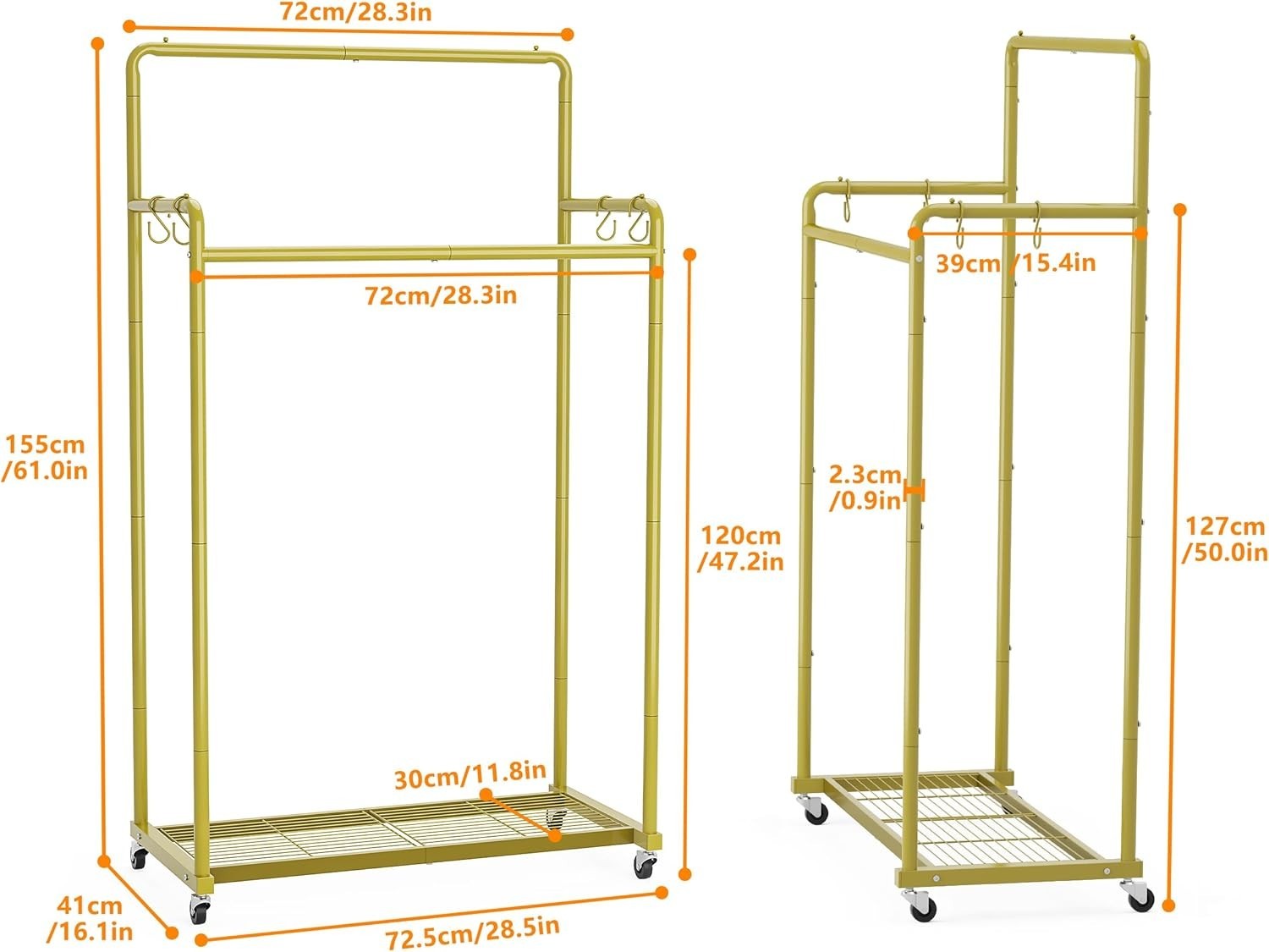 Double Clothes Rail 80KG Heavy Duty Rack With Shelf Gold