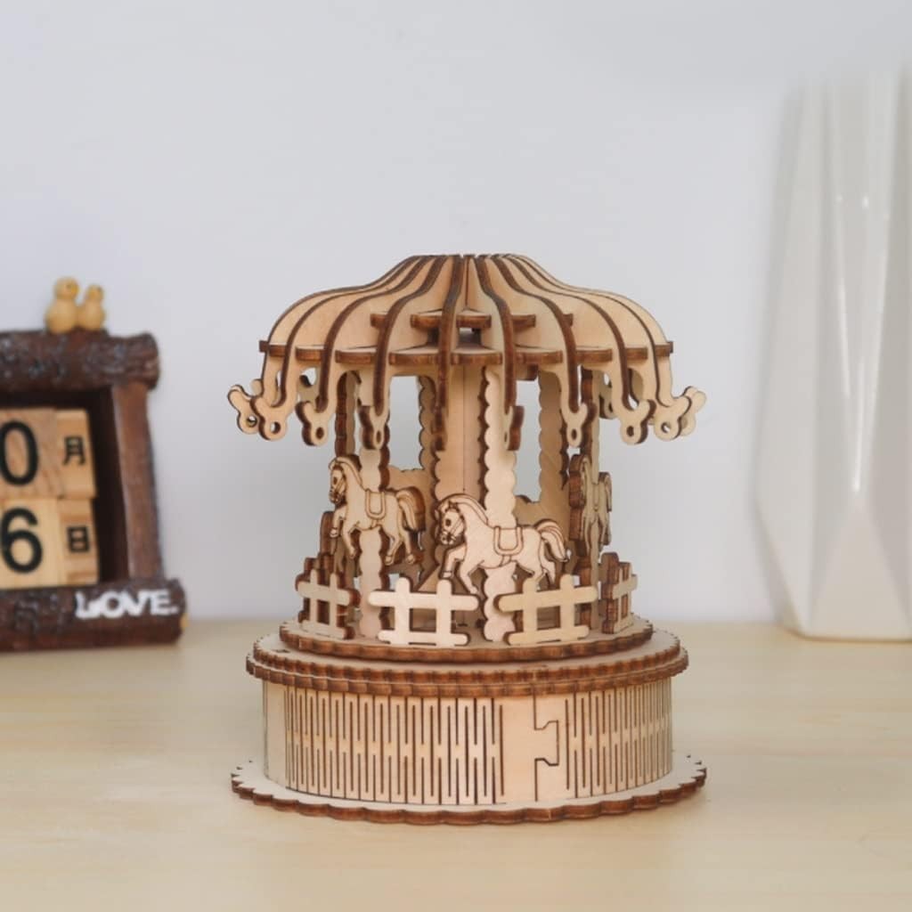 Romantic DIY Mechanical Carousel Music Box Kit | 46pcs Wood Model Gift