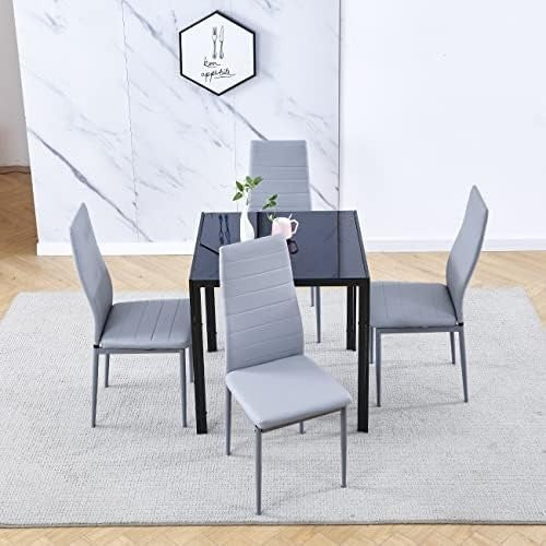 Square Glass Dining Table Set 4 Chairs Modern Space Saving Black Faux Leather