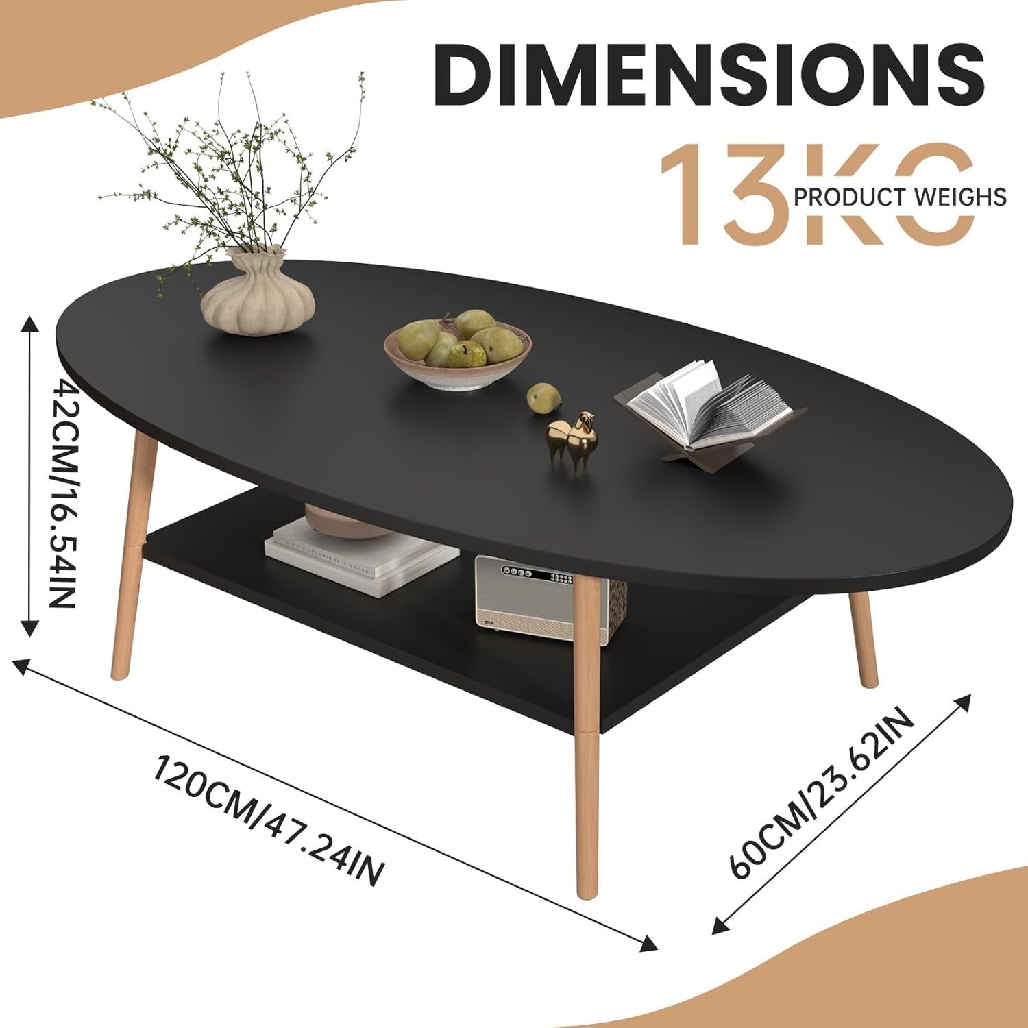 Black 2-Tier Oval Coffee Table 120x60x42cm Modern Storage Wood Frame