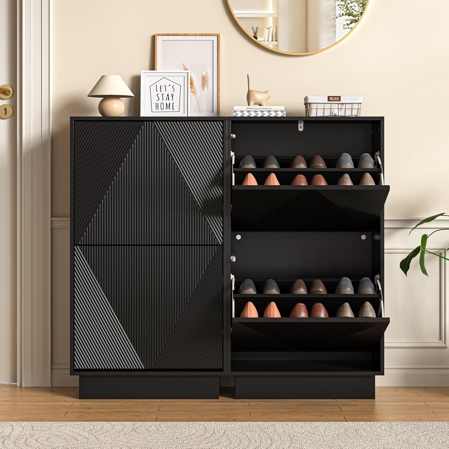 Slim Shoe Storage Cabinet Black | 2 Flip Drawers, Anti-Tip, 91cm Tall