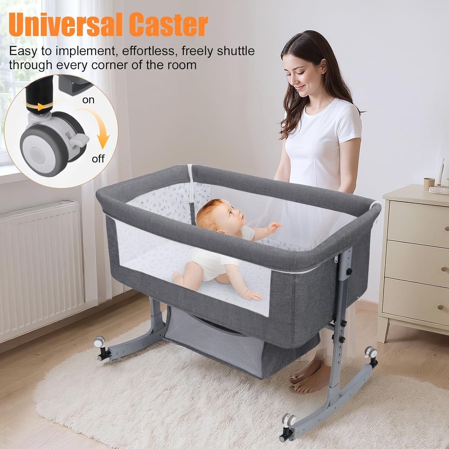 3in1 Baby Crib Bassinet Adjustable Travel Cot with Mattress & Storage Grey A