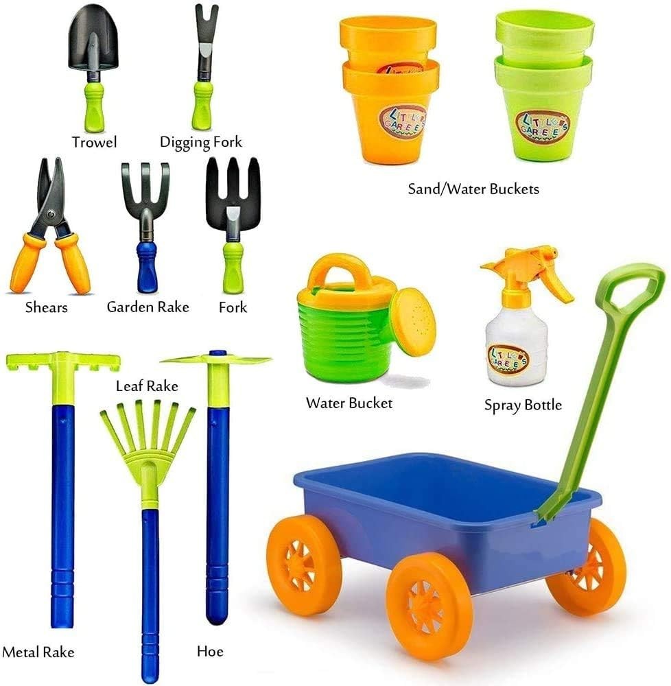 60L 4-Wheel Kids Garden Wagon & Multicolour Toy Wheelbarrow with Tools Set