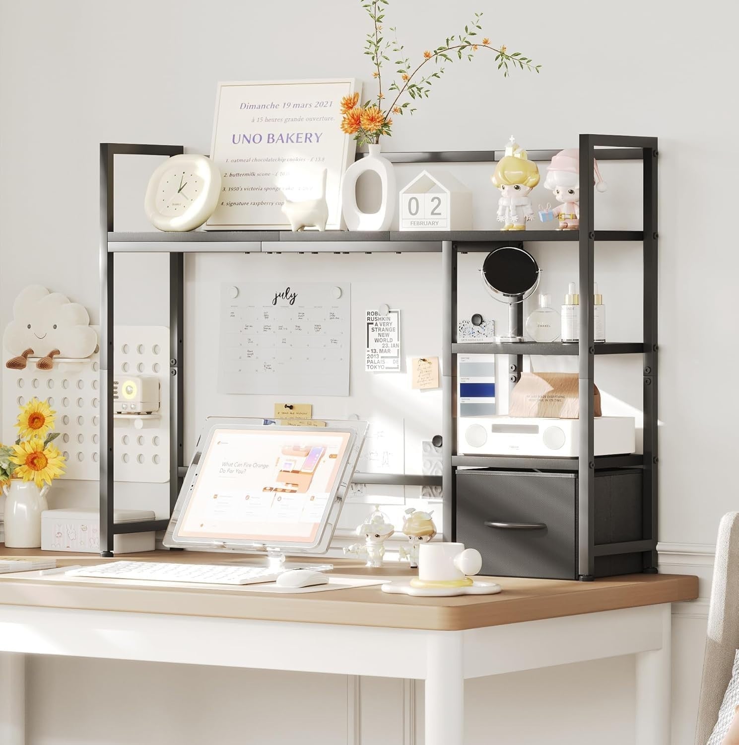 41" Desk Hutch Organizer Shelf with Drawer | 3-Tier Desktop Rack for Monitor 32"