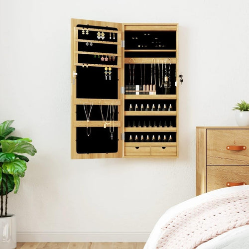 LED Wall Mounted Jewelry Cabinet Mirror Lockable Slim Storage Brown