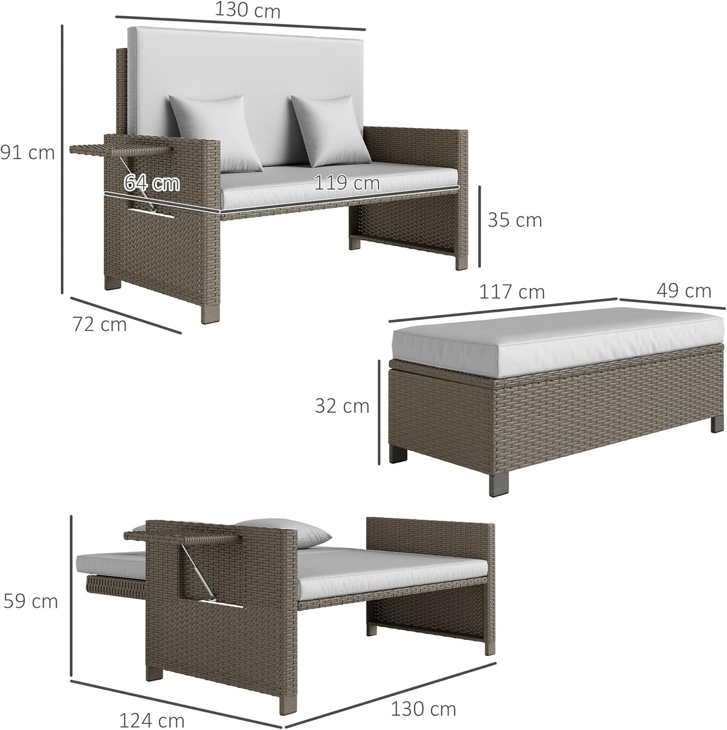 3-in-1 Light Grey Rattan Outdoor Daybed with Adjustable Back & Ottoman