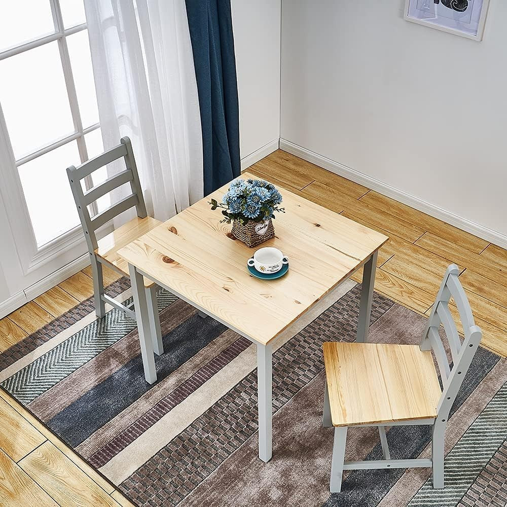 Grey Wooden Dining Table & 2 Chairs - Compact Kitchen Dining Set, 75x75x73cm