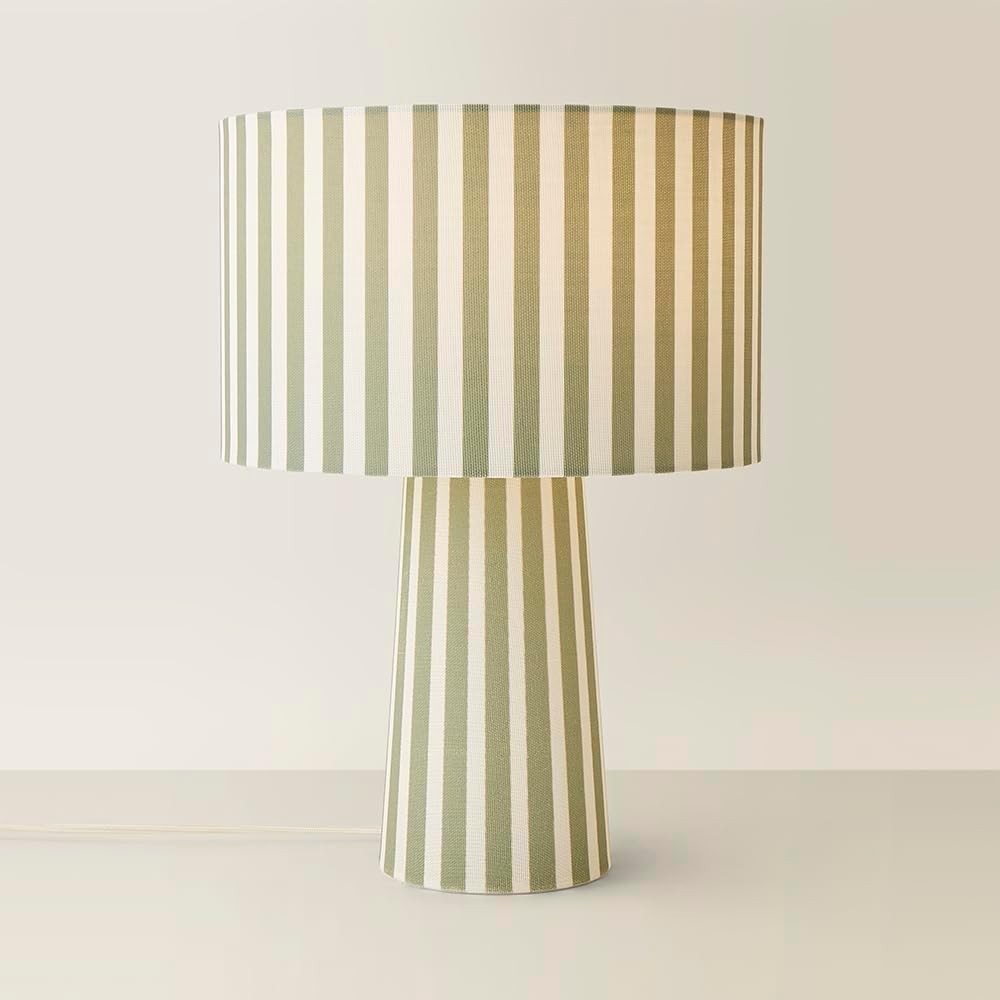 Green Cream Stripe Table Lamp Retro Fabric Drum Shade LED Ready E27 Light