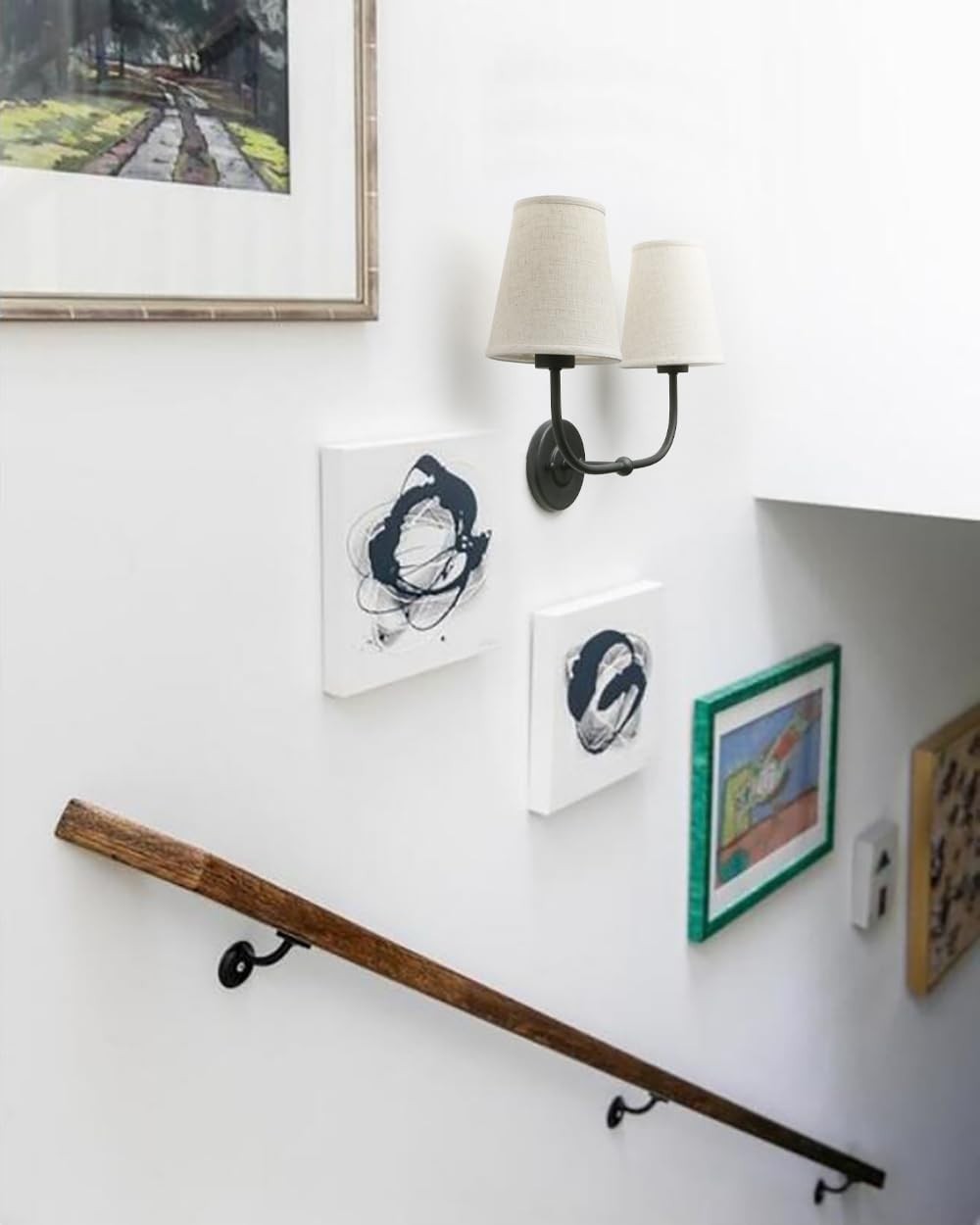 Black 2-Light Wall Sconce Linen Shades Vintage Bedroom & Bathroom Lamp