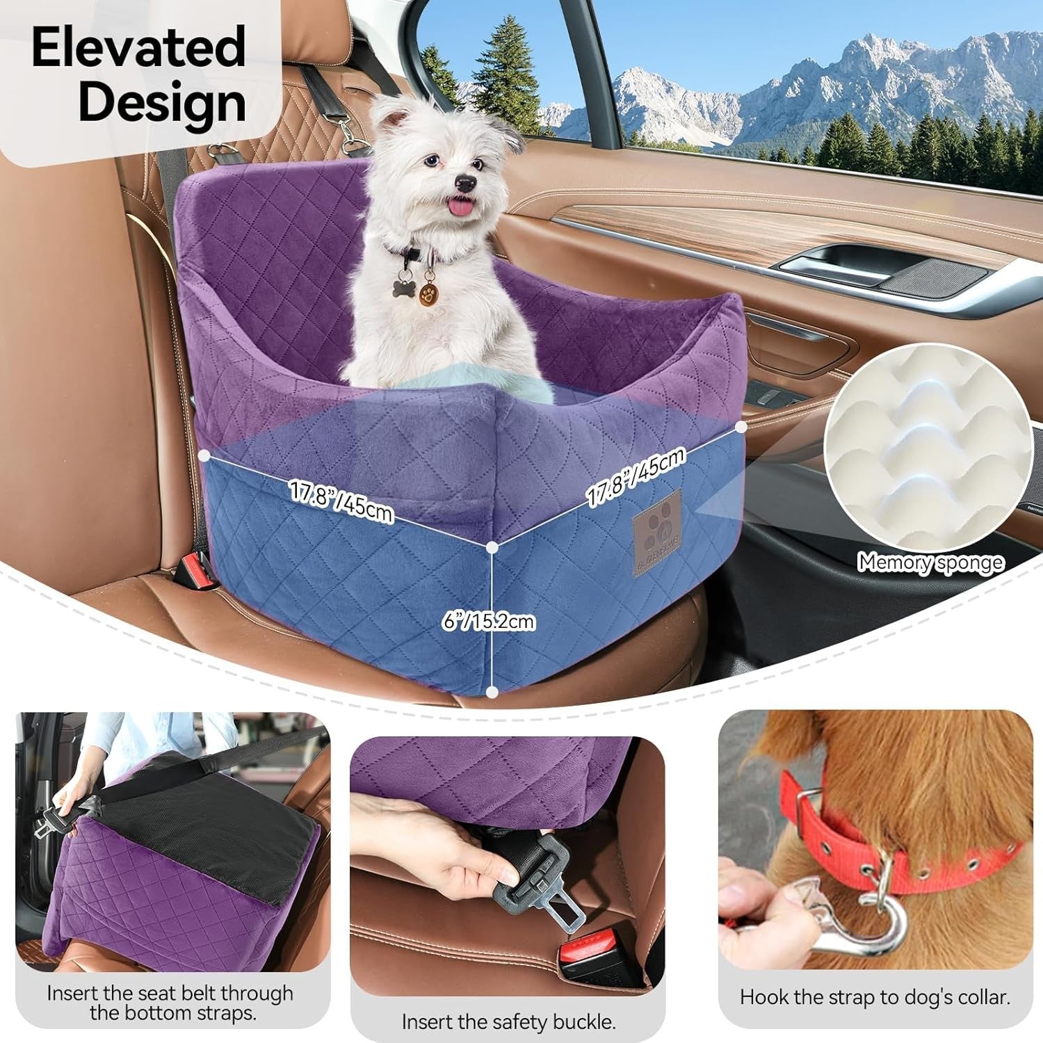 Memory Foam Dog Car Booster Seat Washable Travel Bed Safety Belts