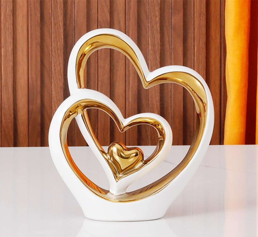 White Gold Double Heart Ceramic Sculpture Modern Luxury Home Decor Gift Ornament