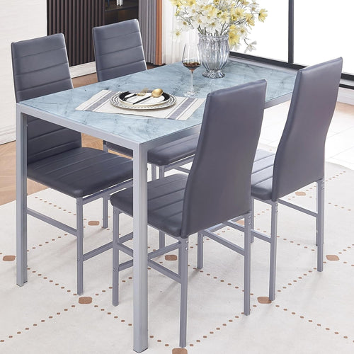 5PC Grey Marble Glass Dining Set with PU Leather Chairs Compact Table