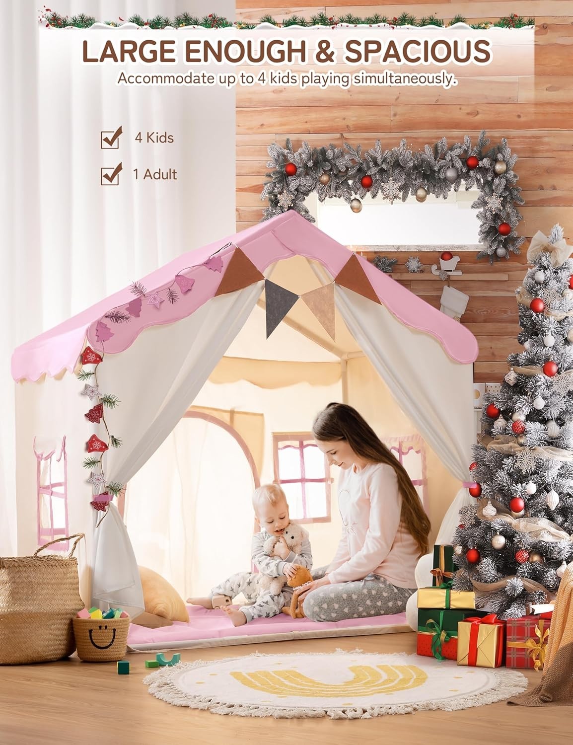 Pink Kids Bed Canopy Play Tent with Lights Padded Indoor Castle