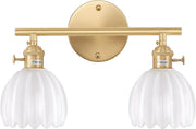 2-Light White Glass Wall Sconce Vanity Light Brass Fixture for Bathroom