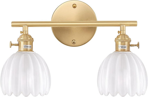 2-Light White Glass Wall Sconce Vanity Light Brass Fixture for Bathroom