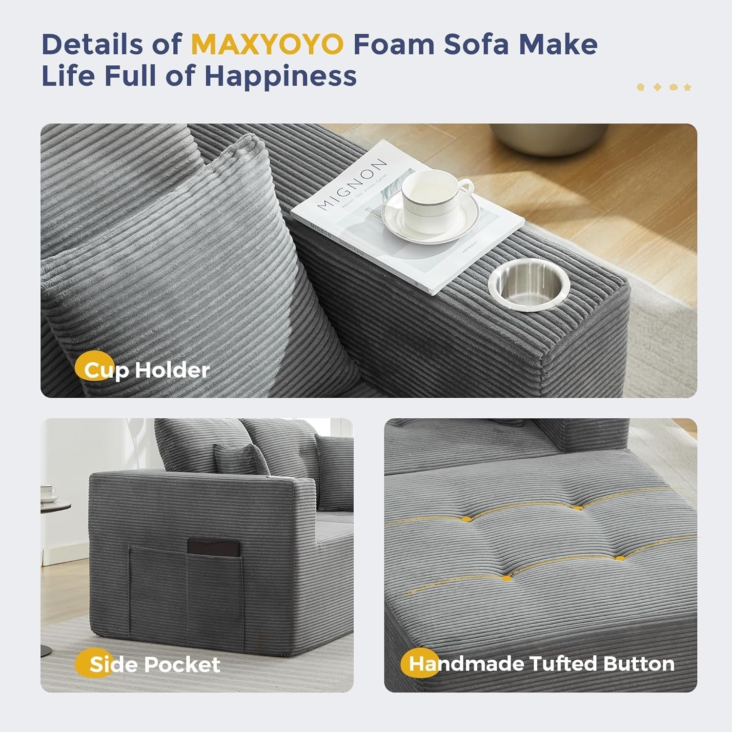 Grey L-Shape Modular Corner Sofa with Cup Holder Memory Foam Deep Seat