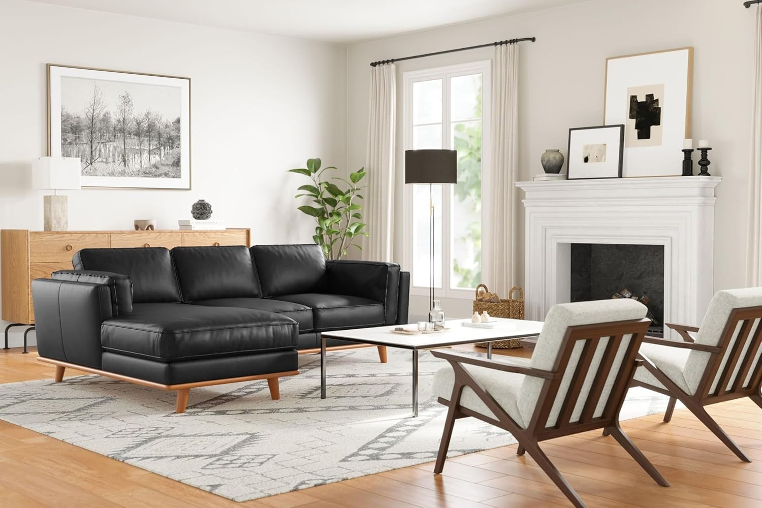 Italian Leather Corner Sofa Black – Left Chaise, Solid Wood, 4 Seater